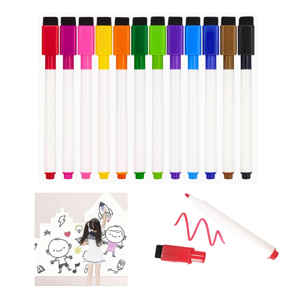12-Pack Whiteboardpennor med Sudd – 12 Färger för Skola, Kontor & Hem