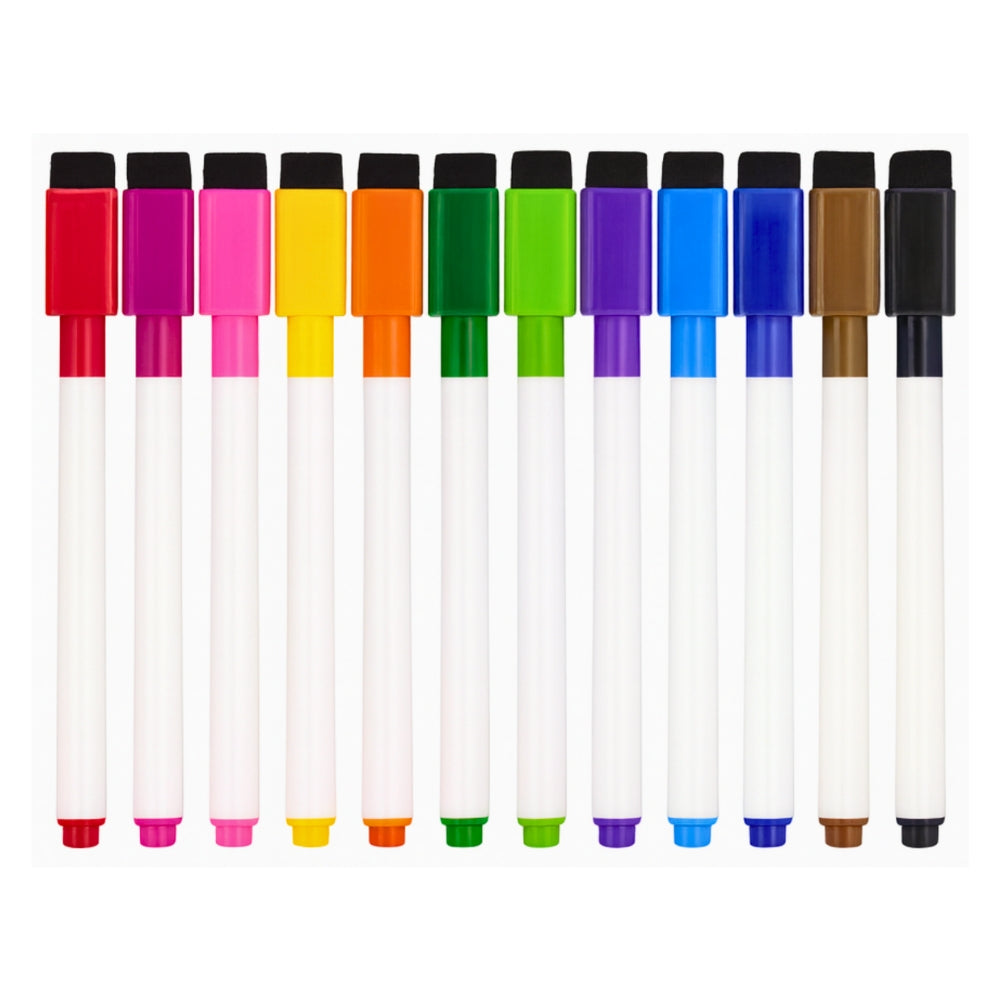 12-Pack Whiteboardpennor med Sudd – 12 Färger för Skola, Kontor & Hem