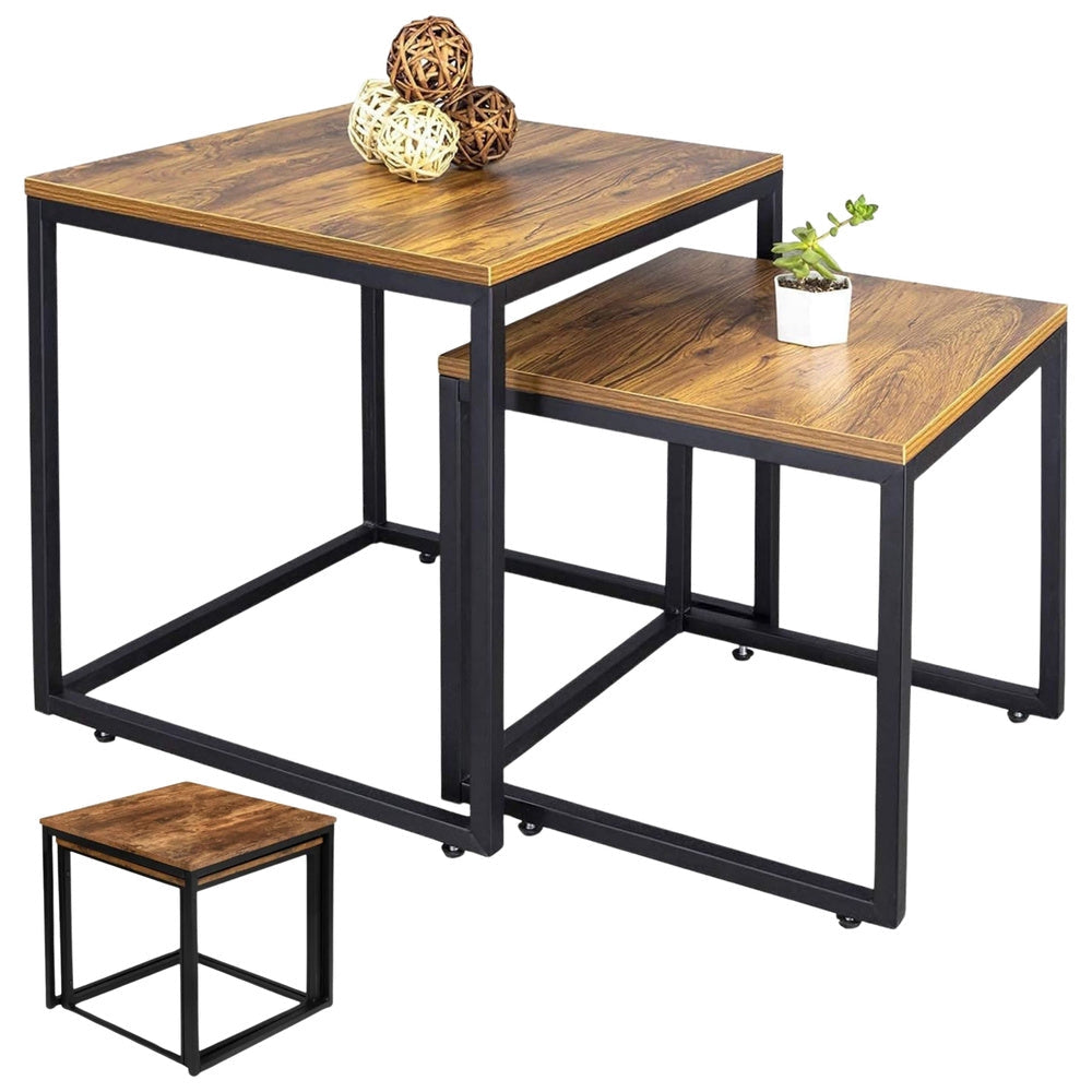 2-i-1 soffbordset 2-pack vintage ek MDF, svart stål 45/40 cm