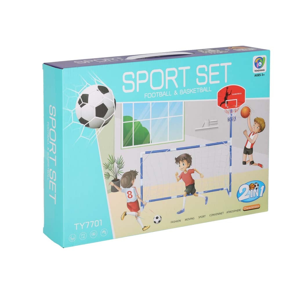2-i-1 sportset barn fotbollsmål + basketkorg med bollar och pump 3+