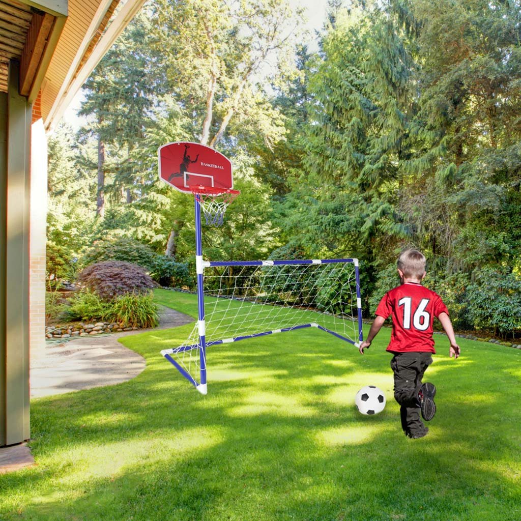 2-i-1 sportset barn fotbollsmål + basketkorg med bollar och pump 3+