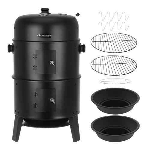 3-i-1 kolgrill med rökbox och locktermometer 80x48x42 cm svart