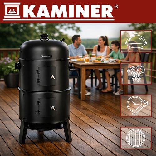 3-i-1 kolgrill med rökbox och locktermometer 80x48x42 cm svart