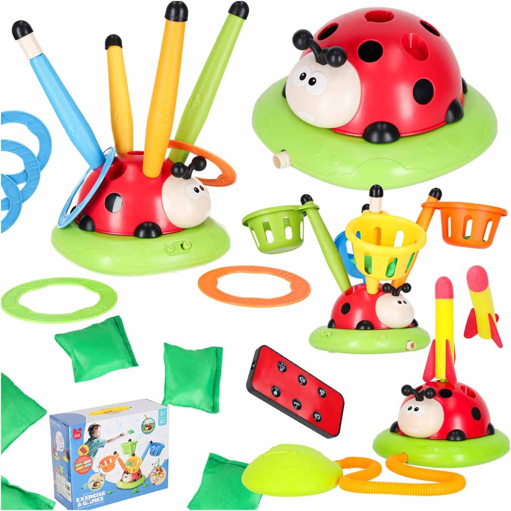 4-i-1 rörelseleksak nyckelpiga med hopprep, raketkastare och målskytte