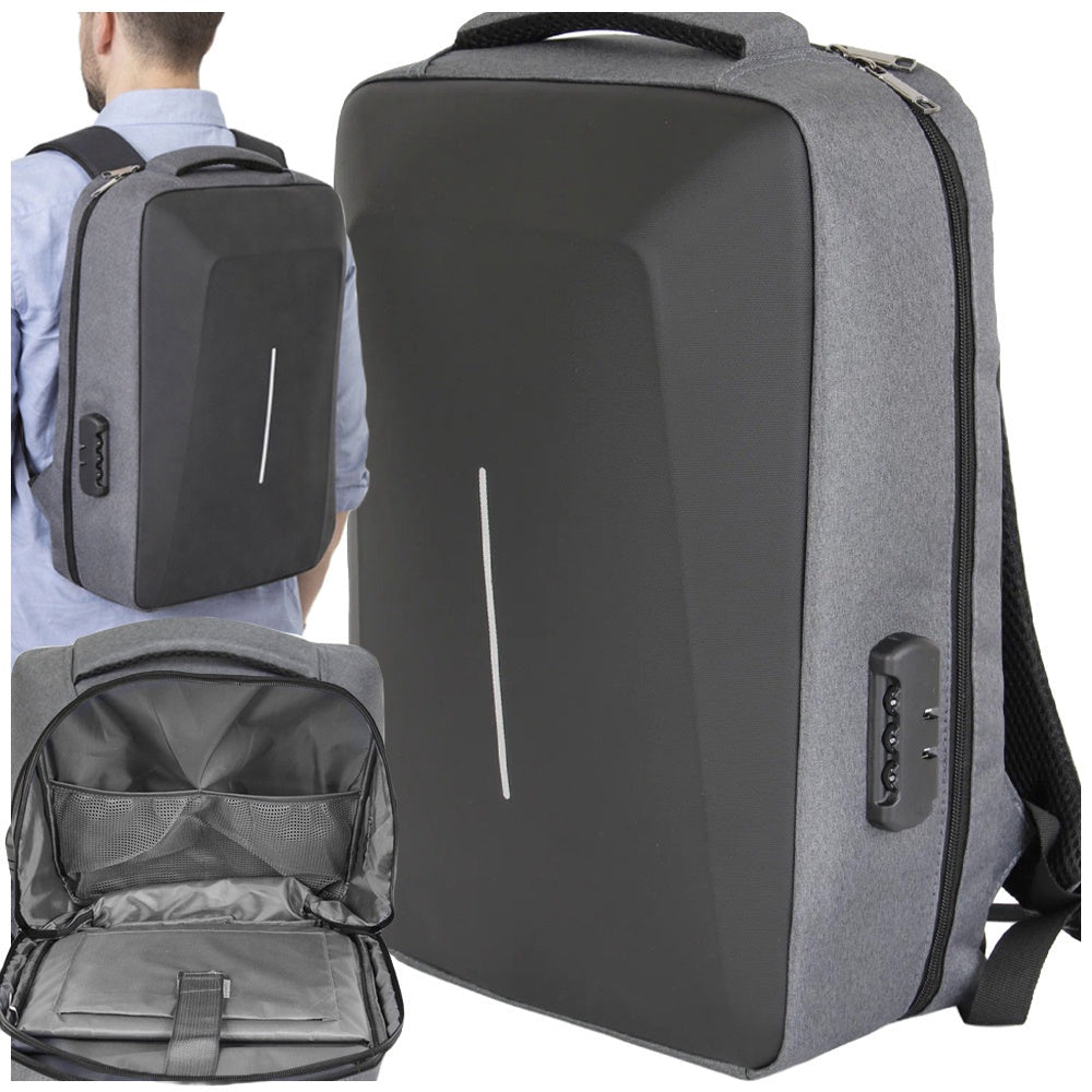 Antitjuvryggsäck laptop 15L med kombinationslås och USB-port, grå