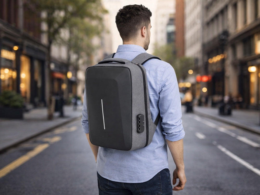 Antitjuvryggsäck laptop 15L med kombinationslås och USB-port, grå