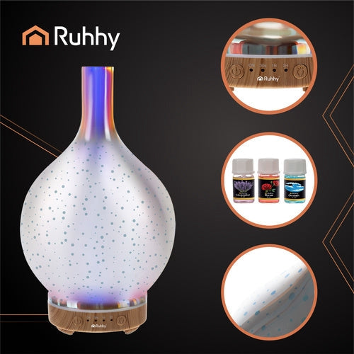 Aromadiffuser luftfuktare 200 ml ultrasonisk med LED-ljus, 3 oljor