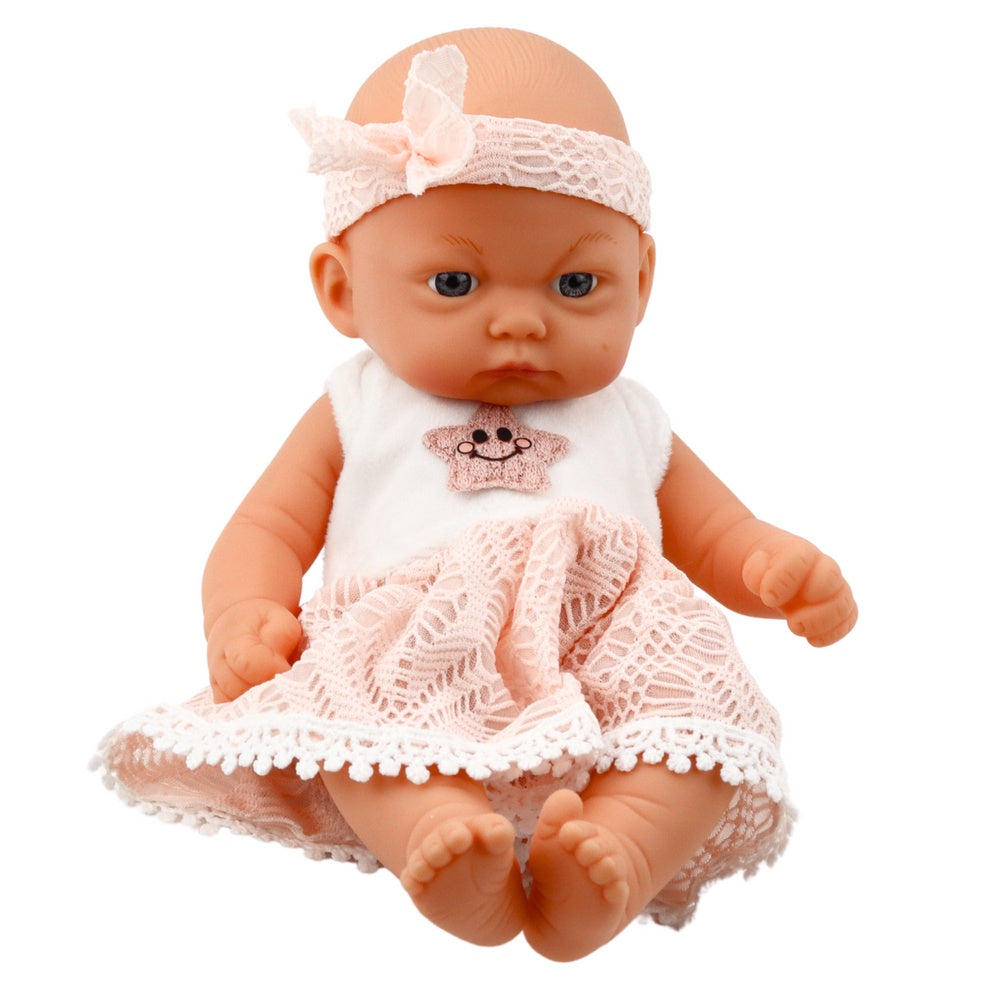 Babydocka 24 cm med rosa spetsklänning och huvudband
