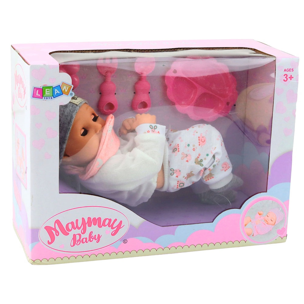 Babydocka 28 cm med kläder och matningstillbehör, skallra
