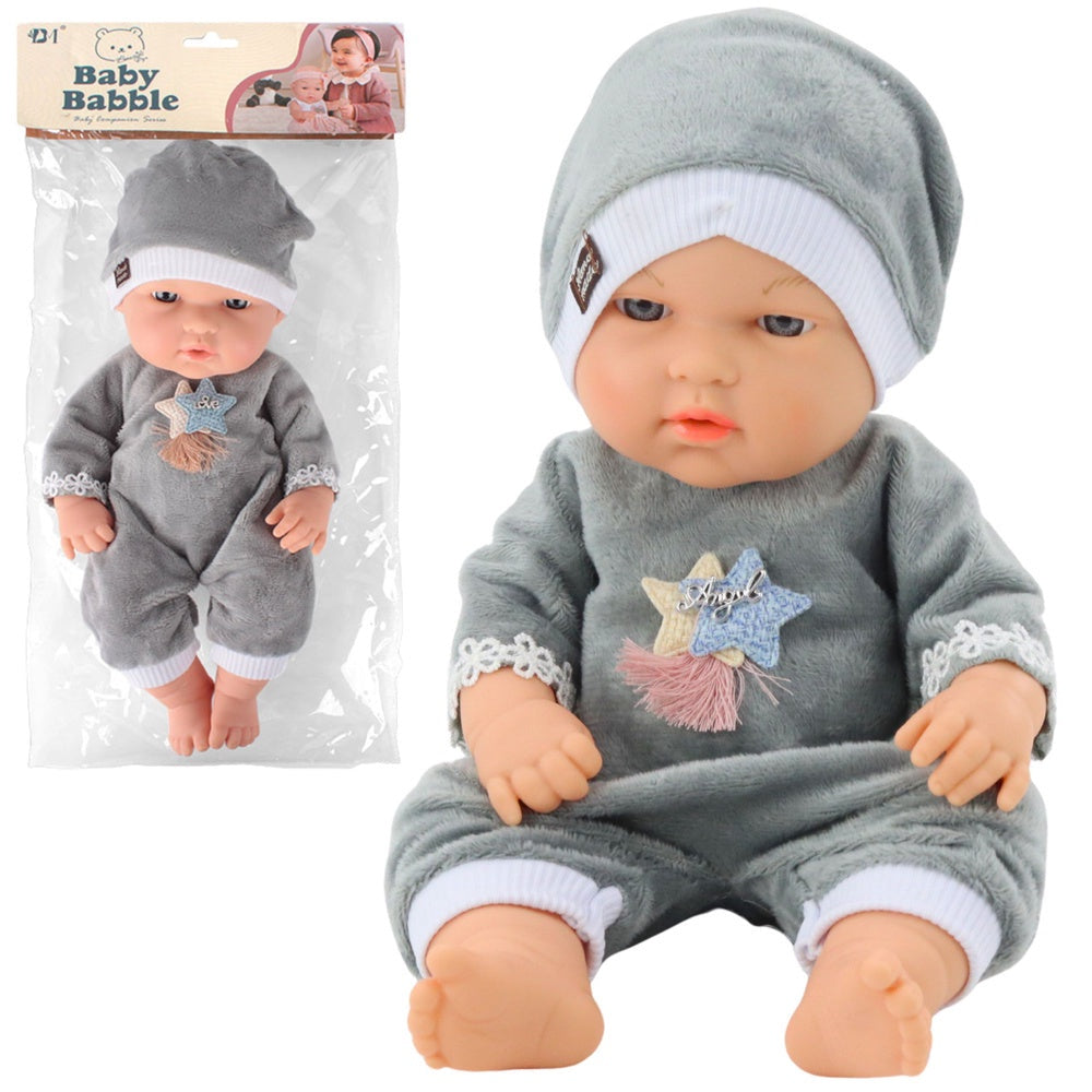 Babydocka 30 cm med grå pyjamas och mössa, mjuk tygklädsel