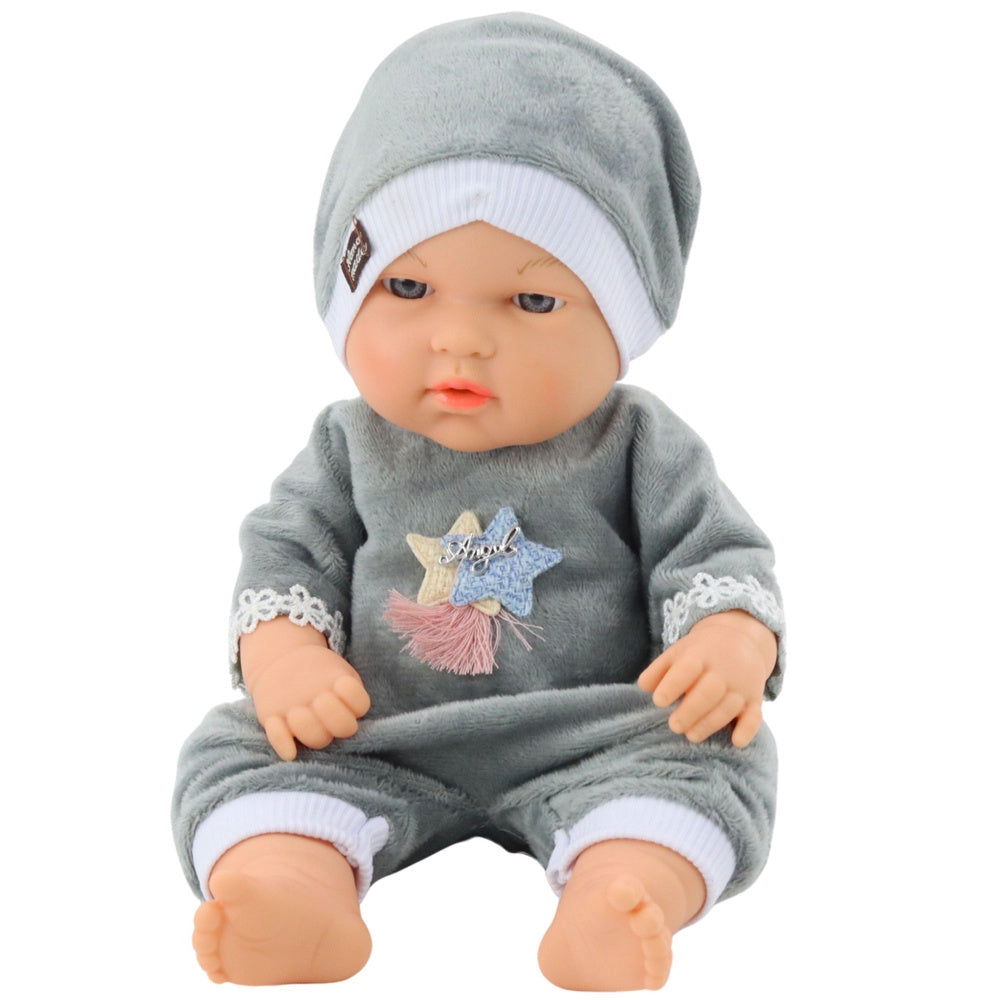 Babydocka 30 cm med grå pyjamas och mössa, mjuk tygklädsel
