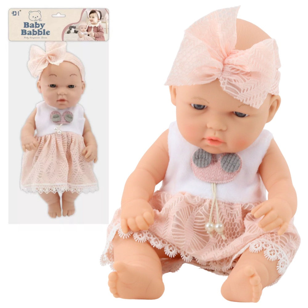 Babydocka 30 cm med rosa klänning och hårband med rosett