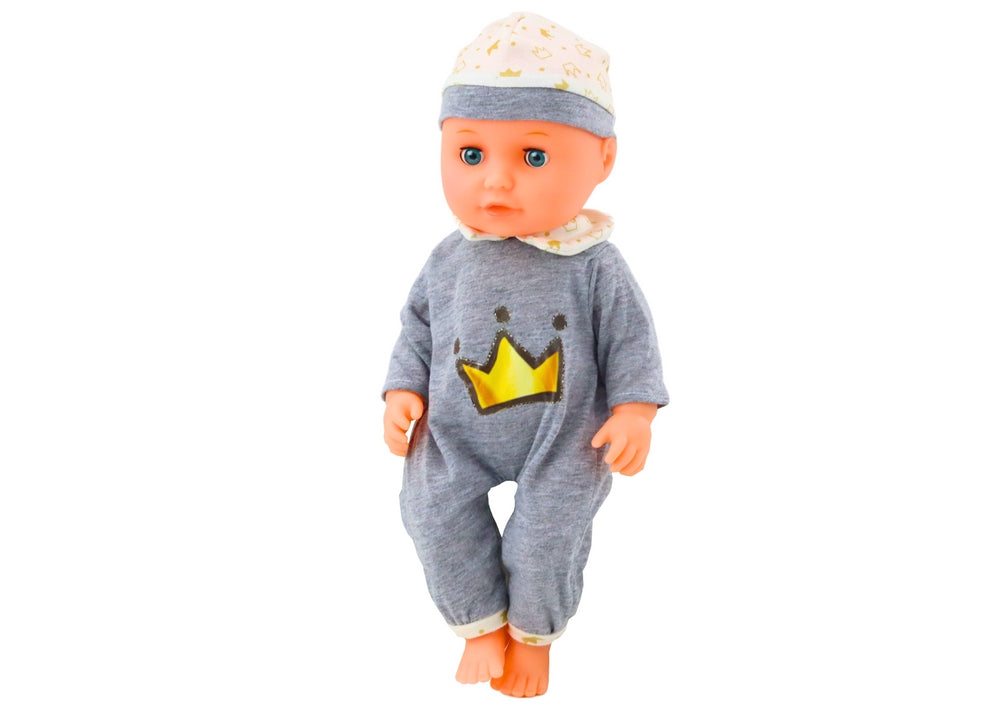 Babydocka 35 cm med ljud, kissfunktion och nappflaska, grå pyjamas