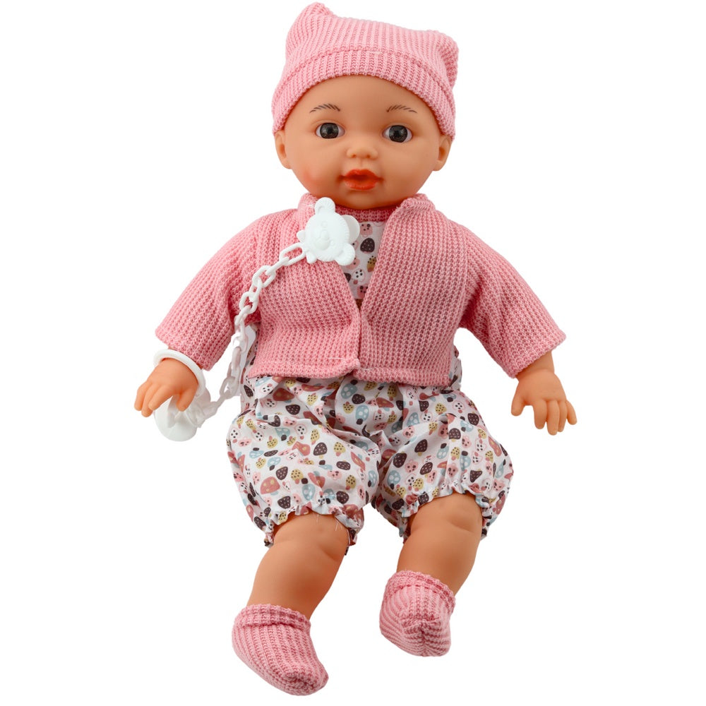 Babydocka 40 cm med avtagbara kläder och napp med kedja