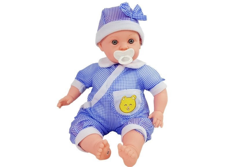 Babydocka med ljud 12 st, flaska napp haklapp, blå pyjamas 3+