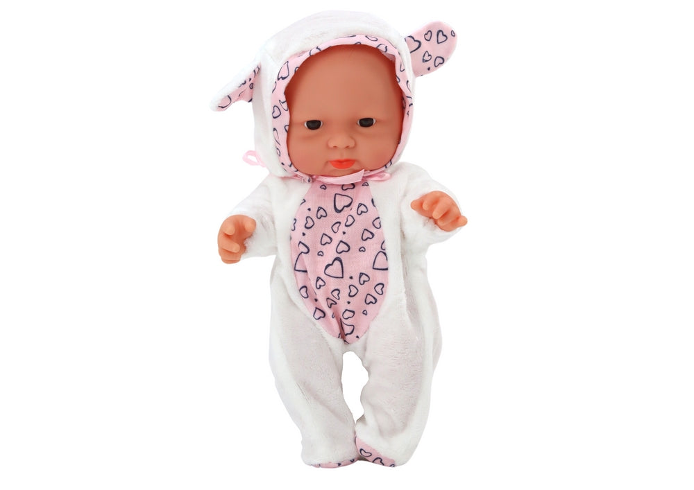 Babydukka 21 cm med rörliga leder, vit outfit med hjärtan, 3+ år