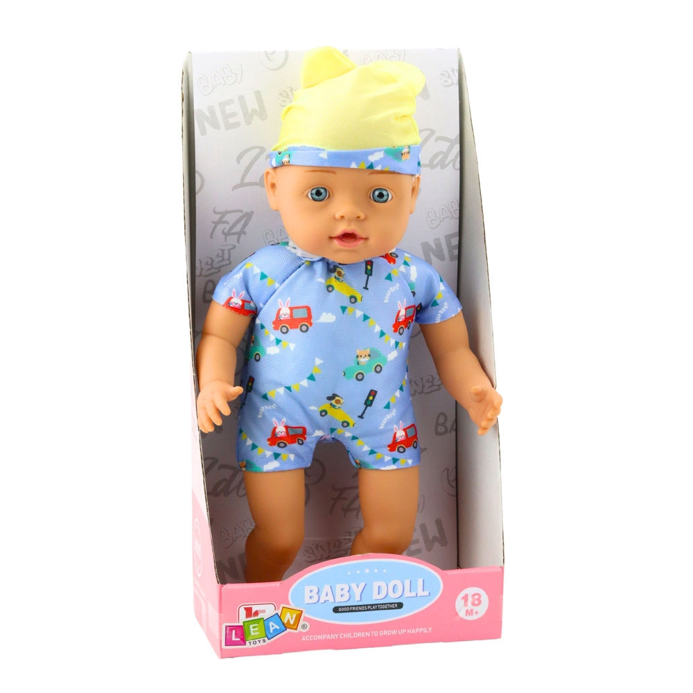 Babydukka 31 cm med sydda kläder och hatt, rörliga leder 18+ mån