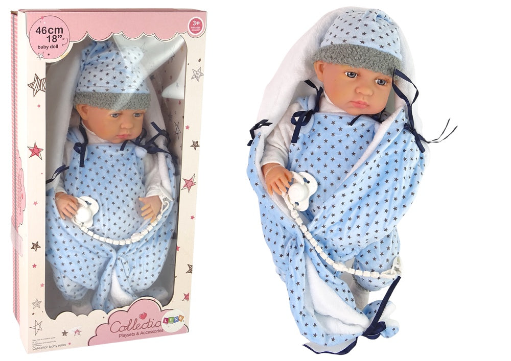 Babydukka 46 cm med napp och stjärnmönstrad filt, från 3 år