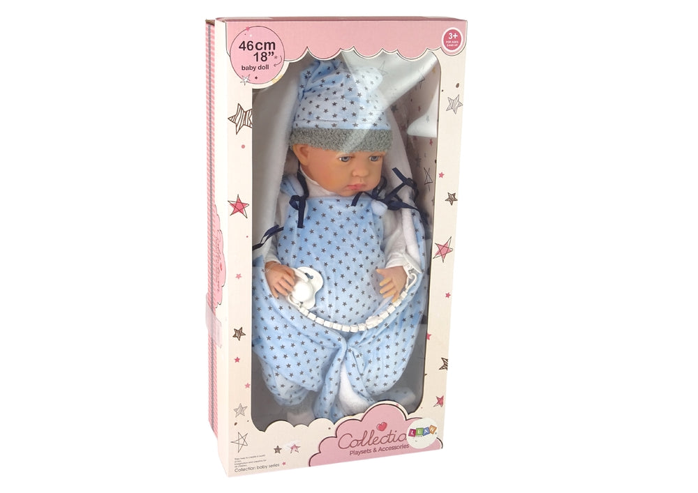 Babydukka 46 cm med napp och stjärnmönstrad filt, från 3 år