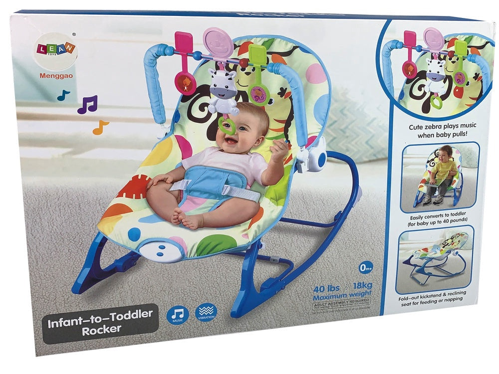 Babygunga/gungstol med musik & vibration, blå zebra, 0-3 år 18 kg