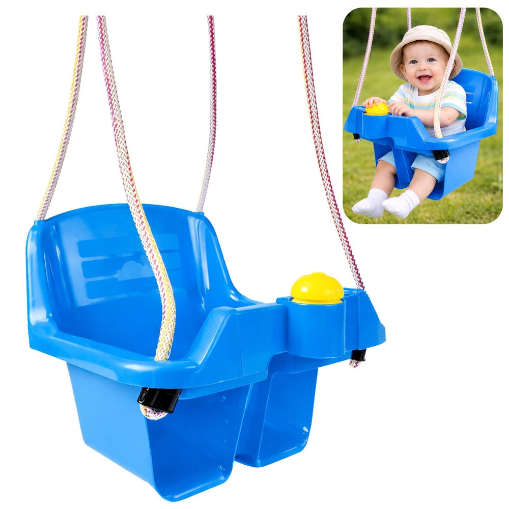 Babygunga med ryggstöd och framskydd blå plast 10+ mån 19 kg
