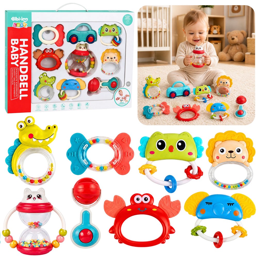 Babyrattlar set 9-pack med tuggdelar och rörliga delar, plast