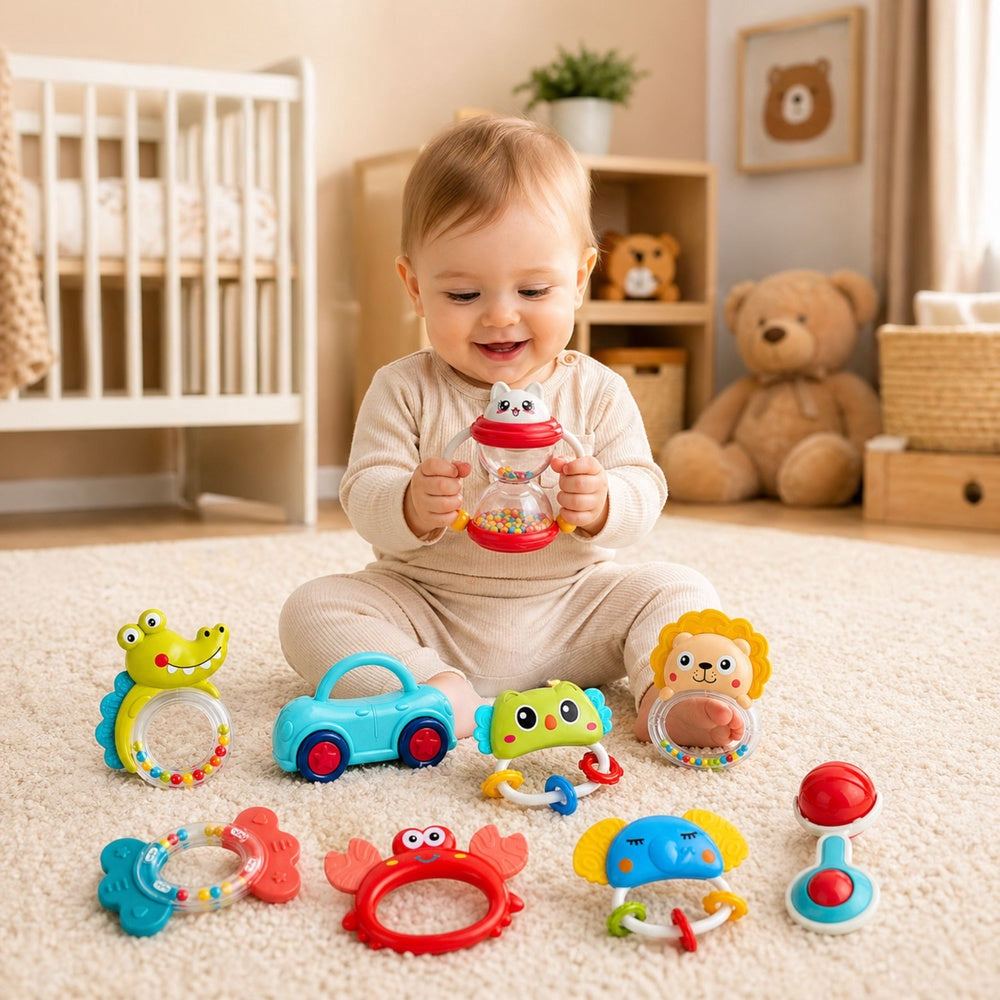 Babyrattlar set 9-pack med tuggdelar och rörliga delar, plast