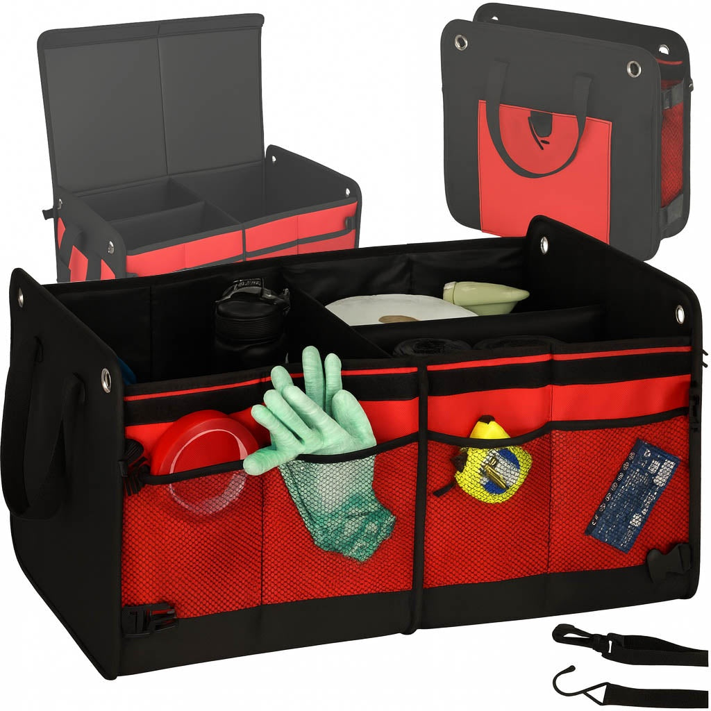 Bagageutrymmesorganizer bil 60L vikbar med lock och avdelare svart/röd