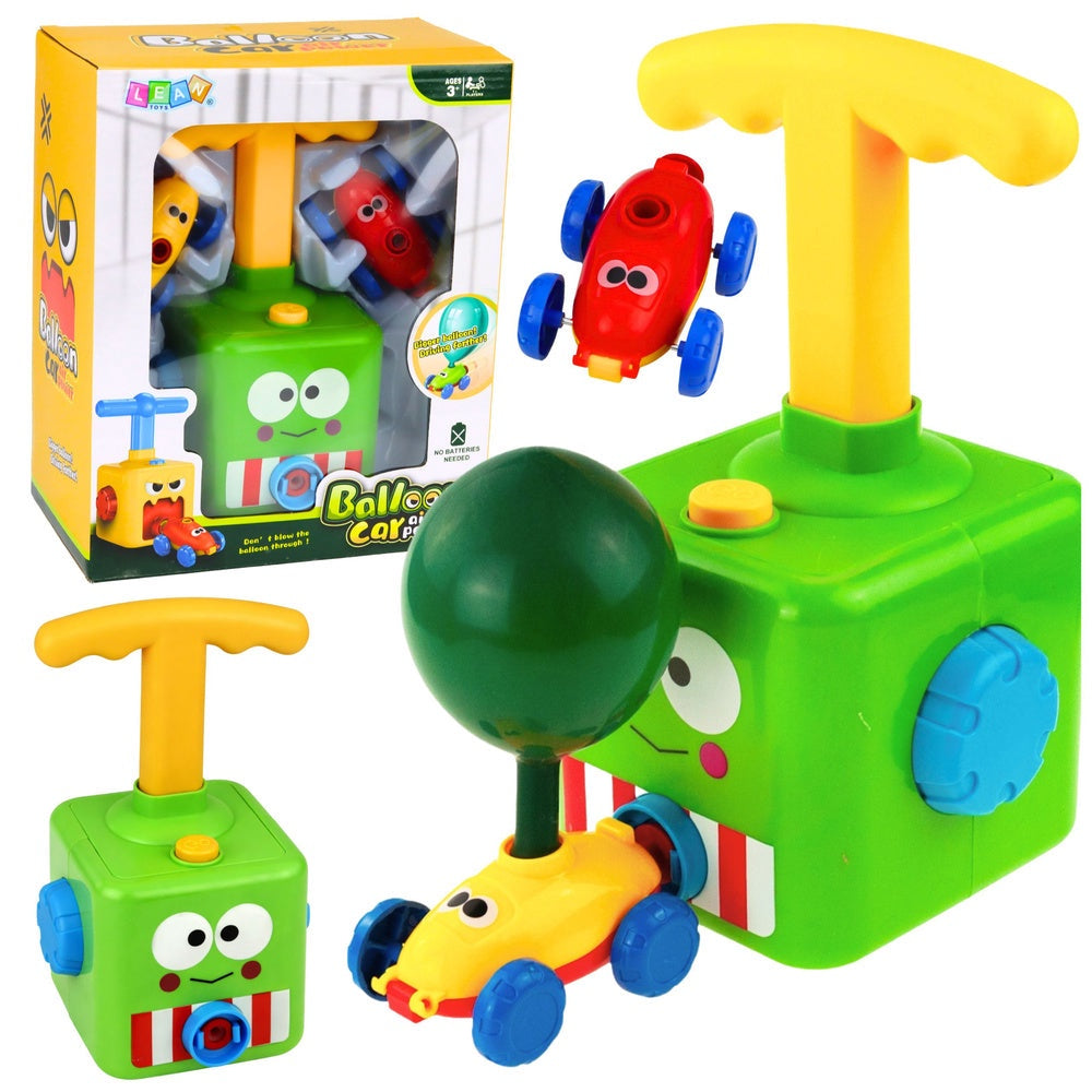 Ballongdriven leksaksbil med pumpstation groda, 2 bilar + 10 ballonger