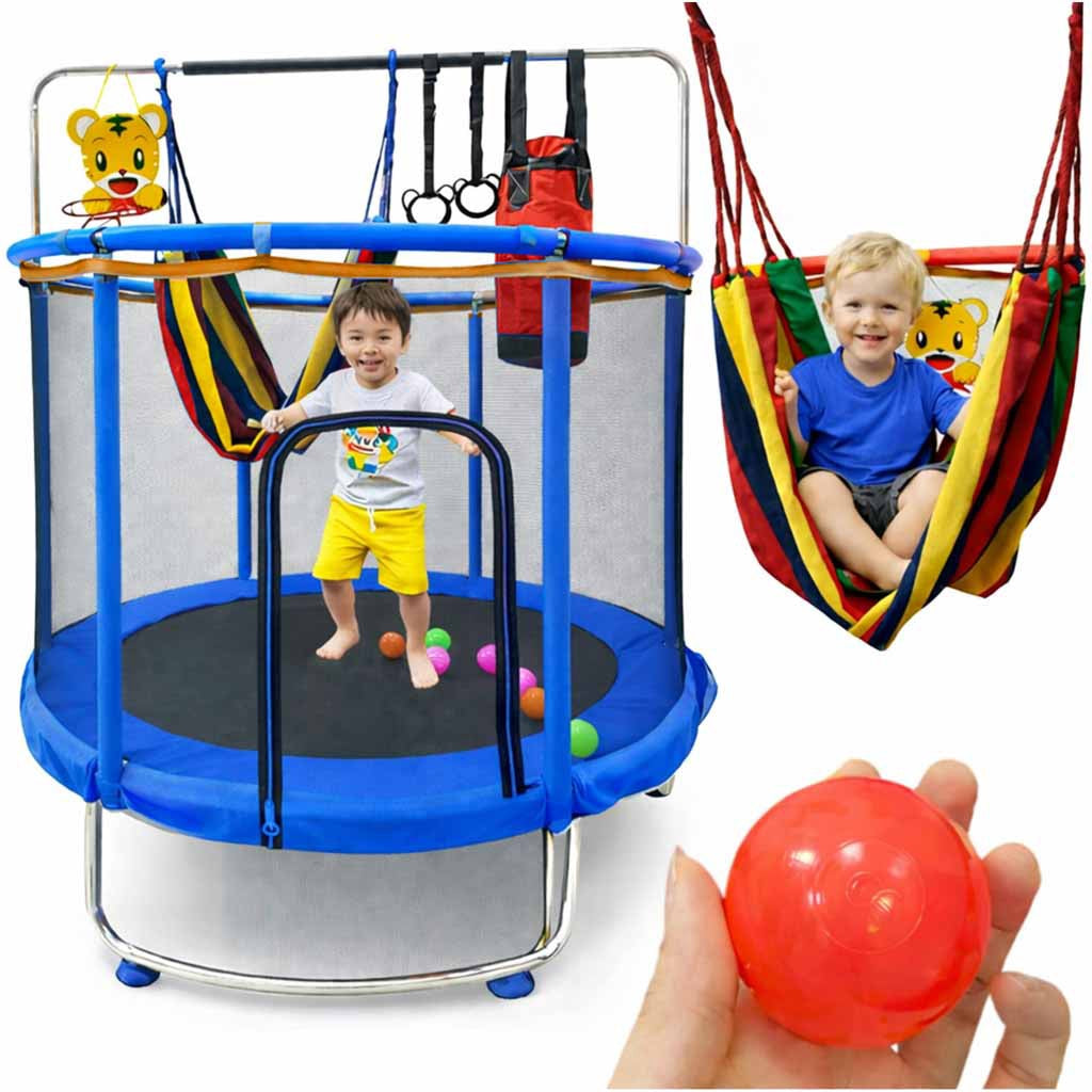 Barntrampolin 155 cm med säkerhetsnät, basketkorg & hängmatta 6+