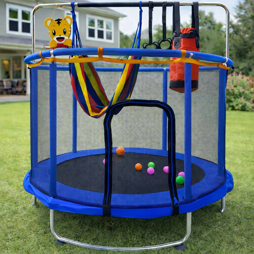 Barntrampolin 155 cm med säkerhetsnät, basketkorg & hängmatta 6+