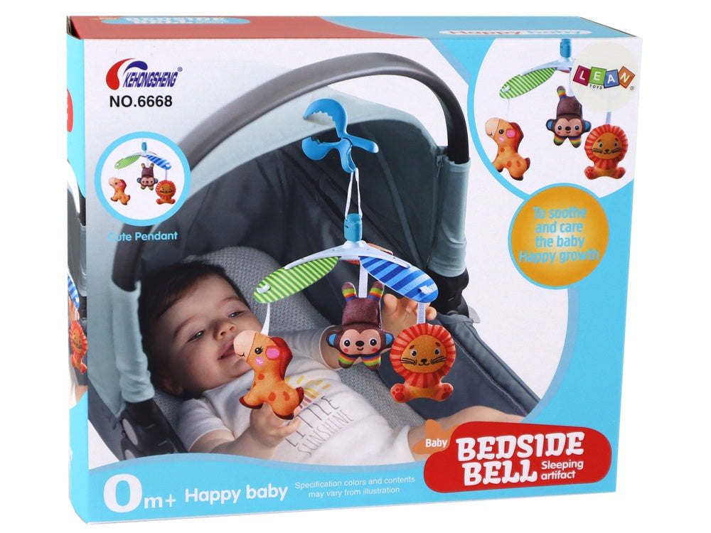 Barnvagnsmobil med klipp 3-pack plyschdjur giraff lejon apa