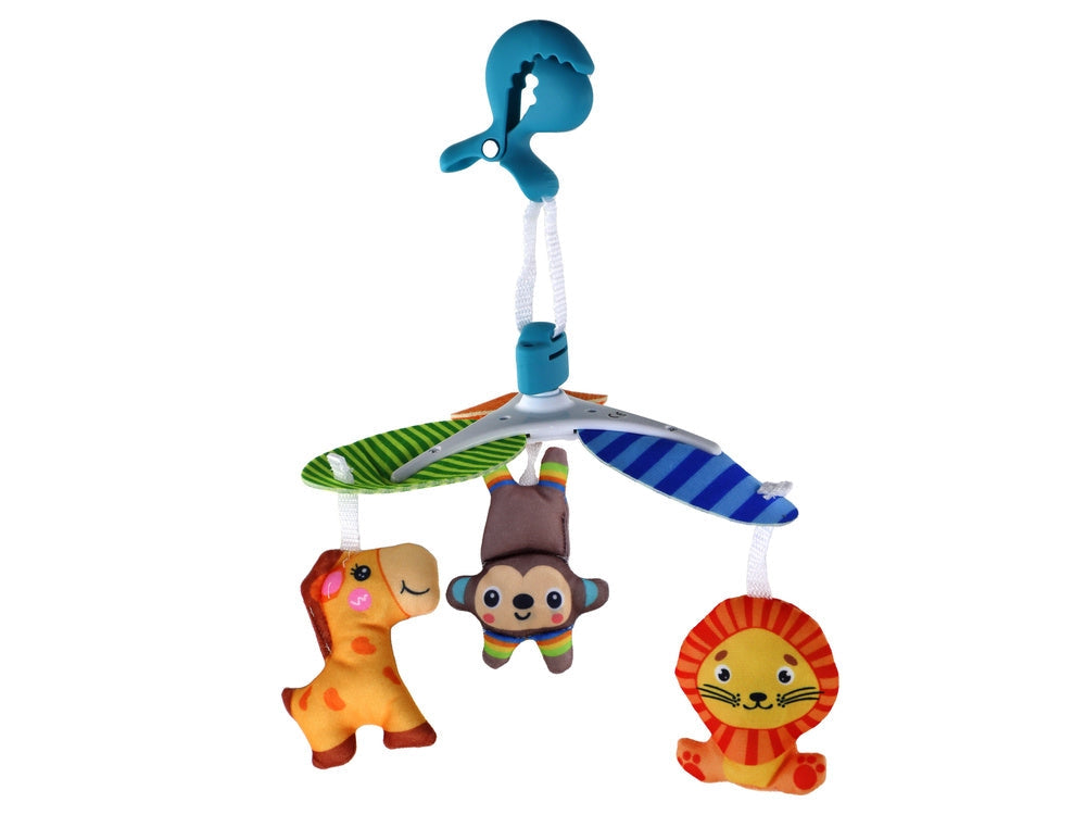 Barnvagnsmobil med klipp 3-pack plyschdjur giraff lejon apa