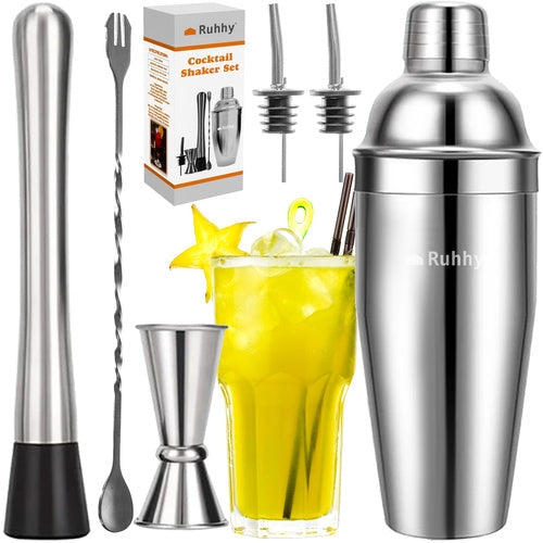 Bartenderset 6 delar i rostfritt stål, shaker 700 ml med sil