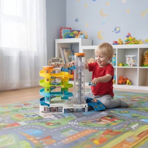 Bilparkering leksak 5 våningar med spiralhiss, 6 bilar, 3+ år