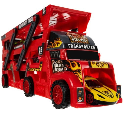 Biltransportör leksak med avfyrningsramp, 6 die-cast bilar röd/svart