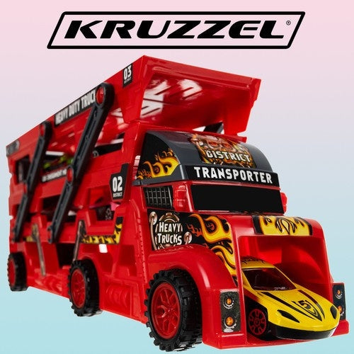 Biltransportör leksak med avfyrningsramp, 6 die-cast bilar röd/svart