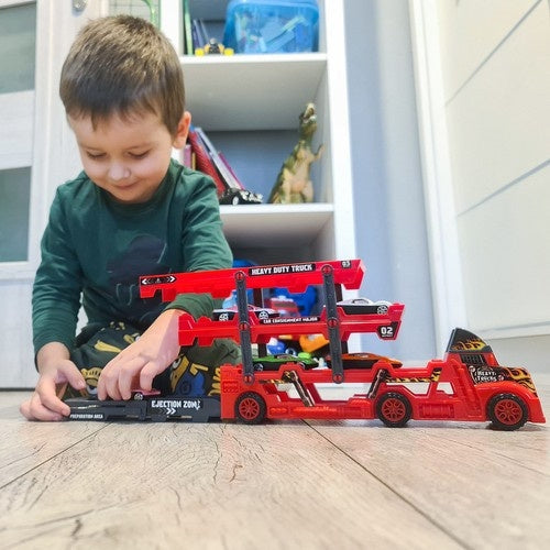 Biltransportör leksak med avfyrningsramp, 6 die-cast bilar röd/svart