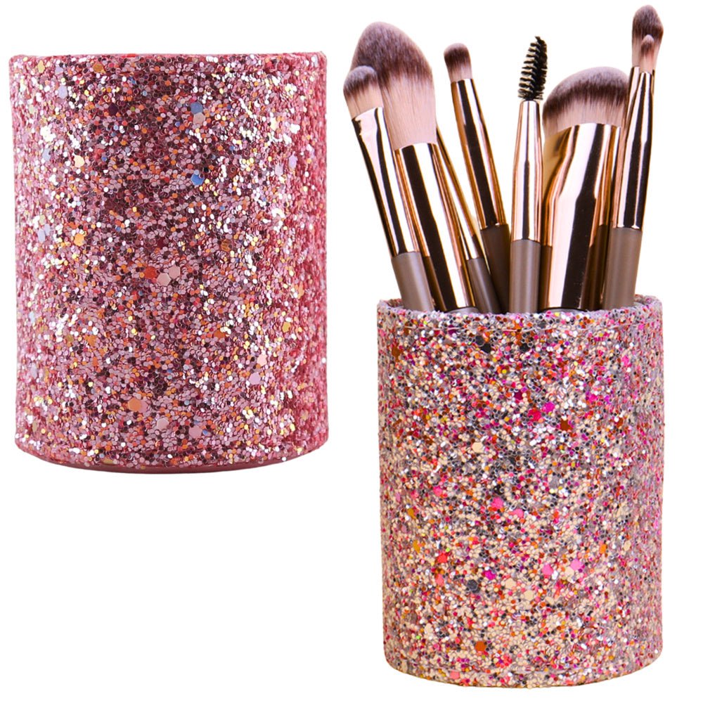 Borsthållare i plast glittrig rosa 9x7x7 cm för makeupborstar