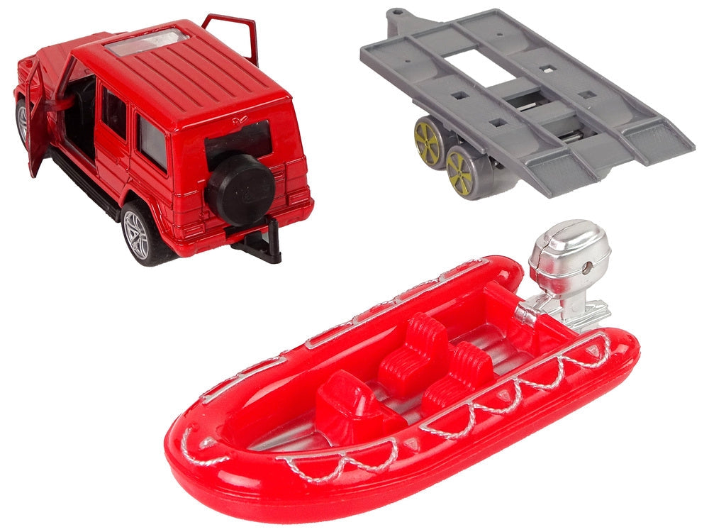Brandfordon leksaksset 3 delar med stegbil, jeep & motorbåt med trailer