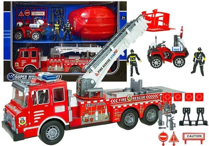 Brandmansset med stor brandbil 49 cm, hjälm, ATV, 2 figurer & tillbehör