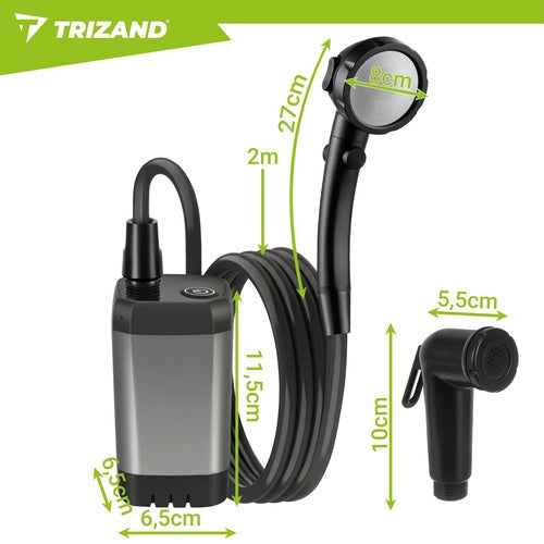 Bärbar campingdusch 6000mAh med pump 2 m slang USB-C 90–120 min