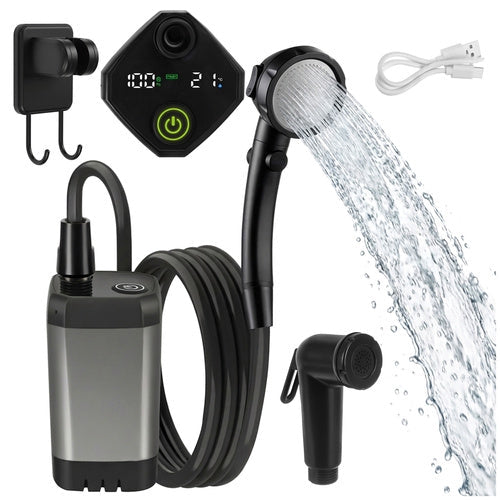 Bärbar campingdusch 6000mAh med pump 2 m slang USB-C 90–120 min