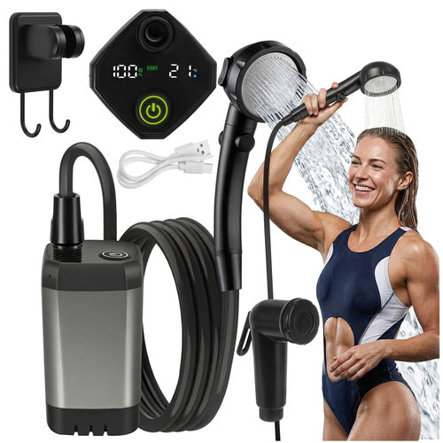 Bärbar campingdusch 6000mAh med pump 2 m slang USB-C 90–120 min