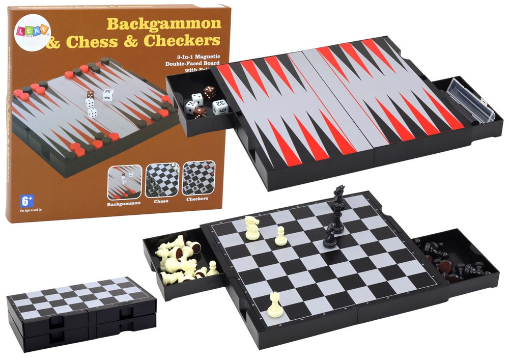 Brädspel 3-i-1 schack dam backgammon med förvaringslådor 25 cm