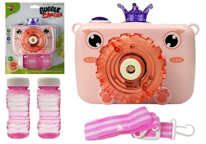 Bubbelkamera leksak rosa med ljus/ljud, rem och 2 bubbelvätskor