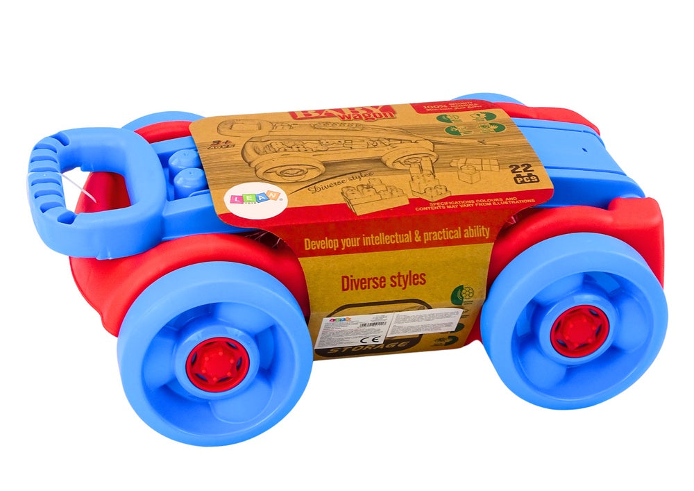 Byggklossar med dragvagn på hjul blå/röd, 3+ år, CE EN71