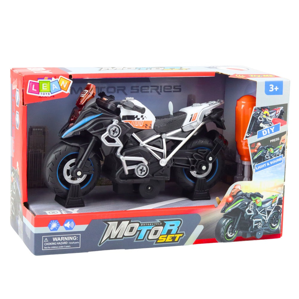 Byggleksak racingmotorcykel 20 cm med skruvmejsel, ljus/ljud