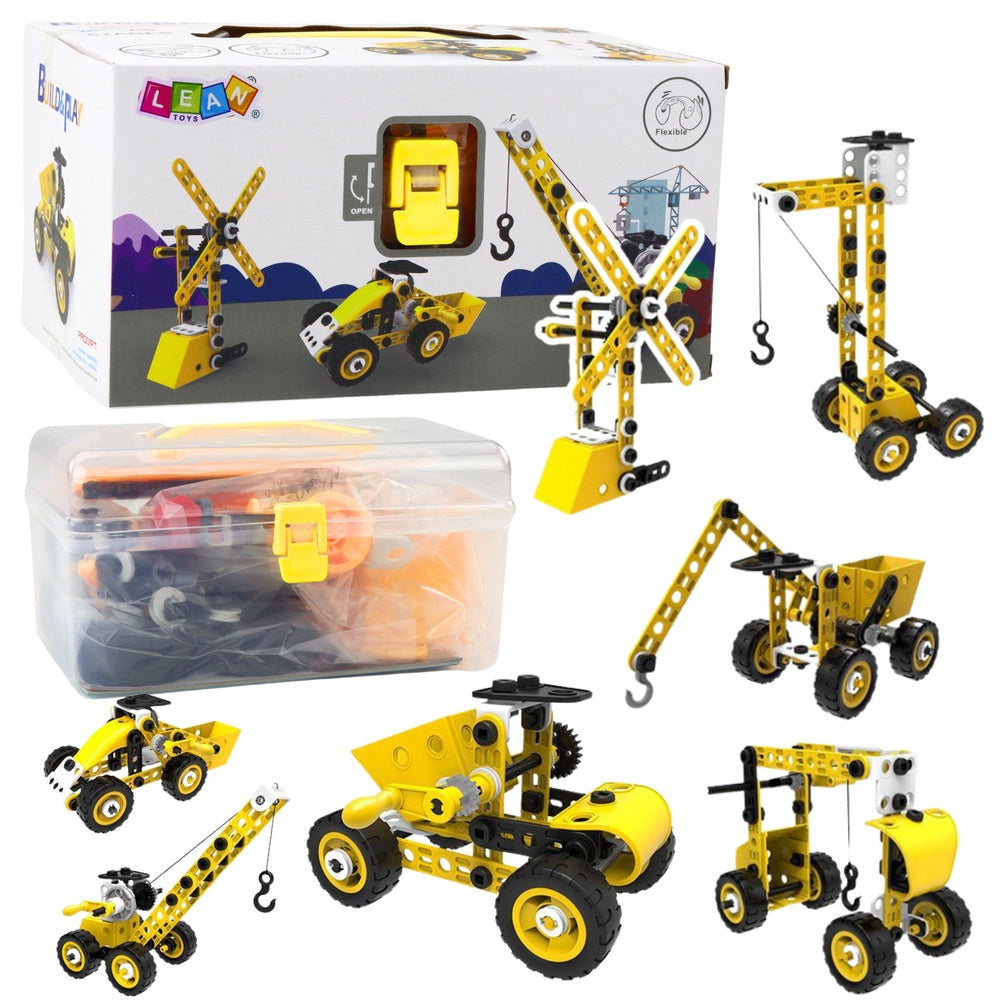 Byggset 8-i-1 med 100 delar, grävmaskin/kran/dumper, verktyg