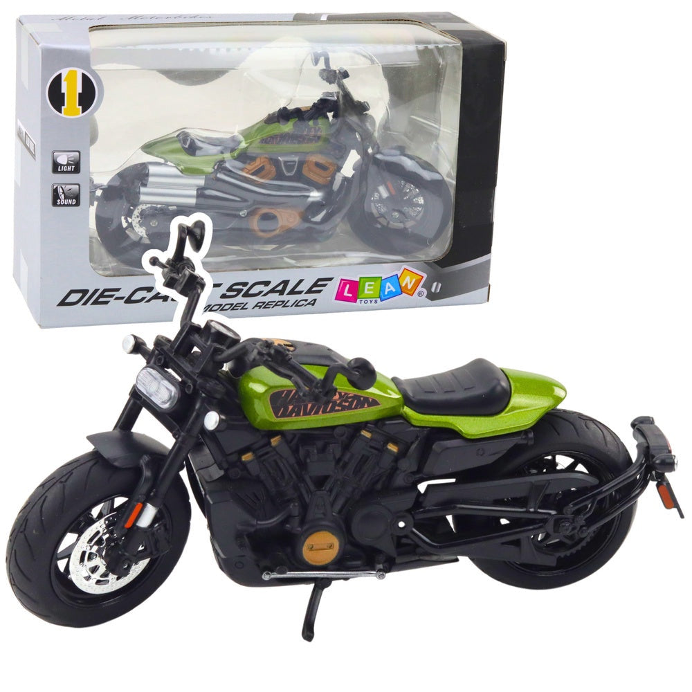 Choppermotorcykel modell 1:12 metall/plast 19 cm svart/grön